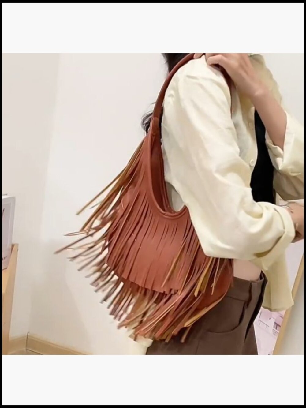 Faux Leather Fringe Hobo Shoulder Bag Slouchy Purse Vintage Chic Y2K - Picture 7 of 7